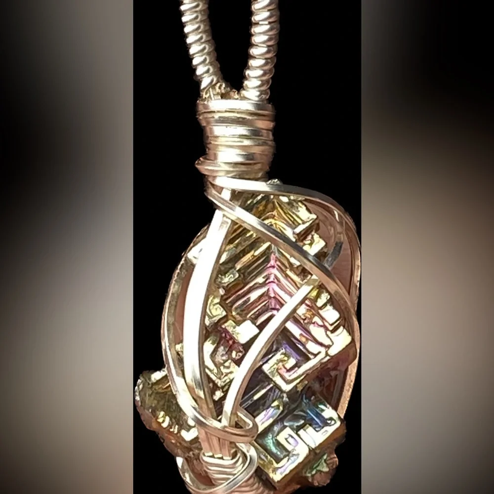 Artist Silver Wire cage wrapped pendant rainbow iridescent geometric bismuth